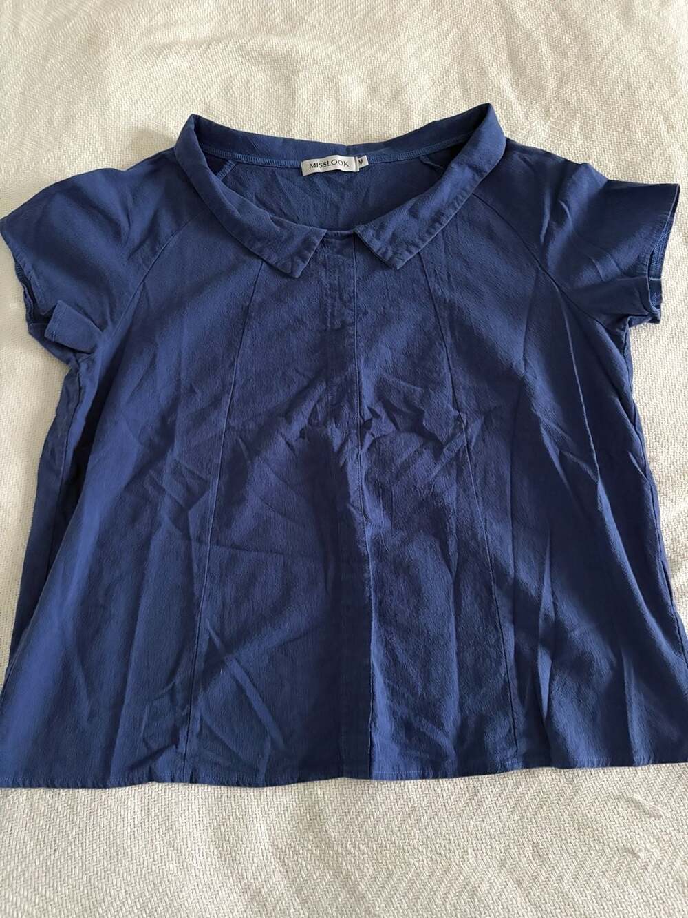 MISSLOOK Women's Navy Blue Short Sleeve Peter Pan Collar Cotton Blend Blouse